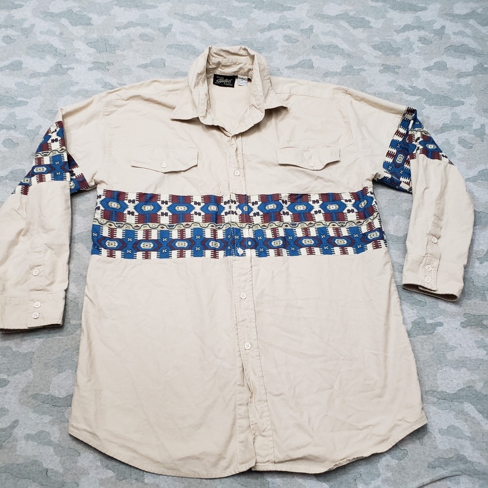 Vintage Western Signatures Shirt Mens Large Tan Long Sleeve Button-Up Cowboy